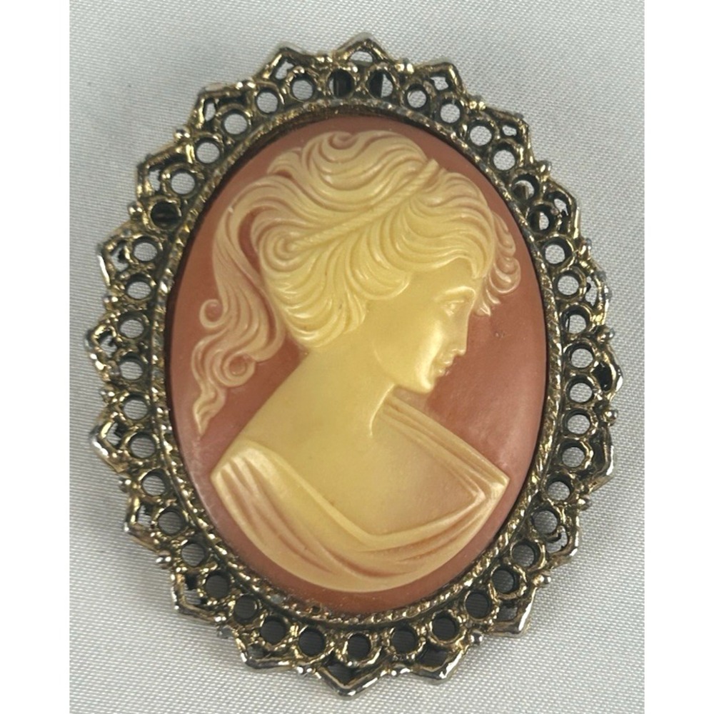 Vintage Victorian Lady Portrait Coral 2" Cameo Pendant Brooch Pin Gold Tone